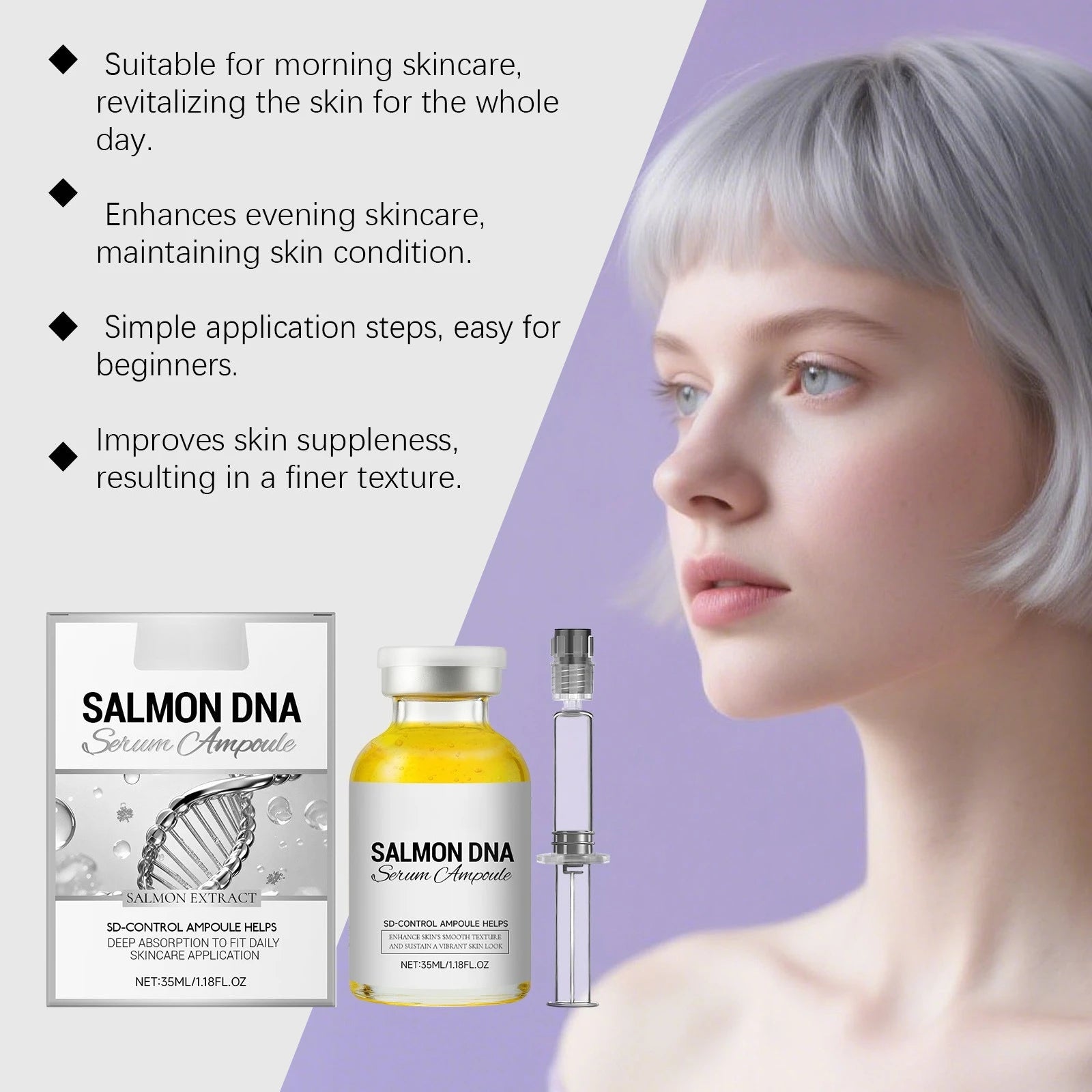 Salmon DNA Serum Ampoule: Anti-aging skincare with collagen peptide complex in a clear glass bottle for youthful skin.