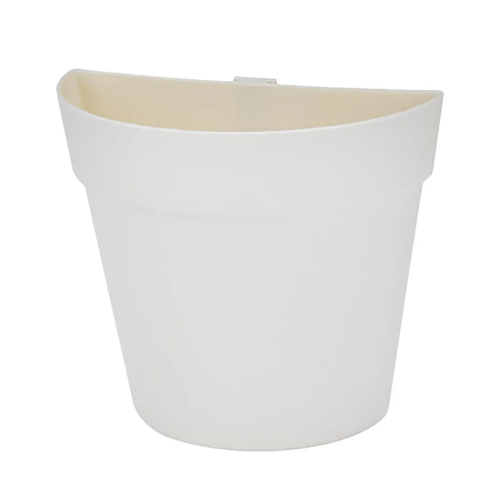 Semi-circular plastic wall-mounted flower pot, beige, with top hanging clip.