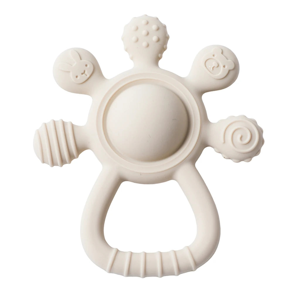 Beige silicone baby teething toy with multiple textures for soothing relief.