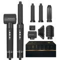 7-in-1 black professional ionic hair dryer styler set with curling barrels, hot comb, and diffuser attachments.