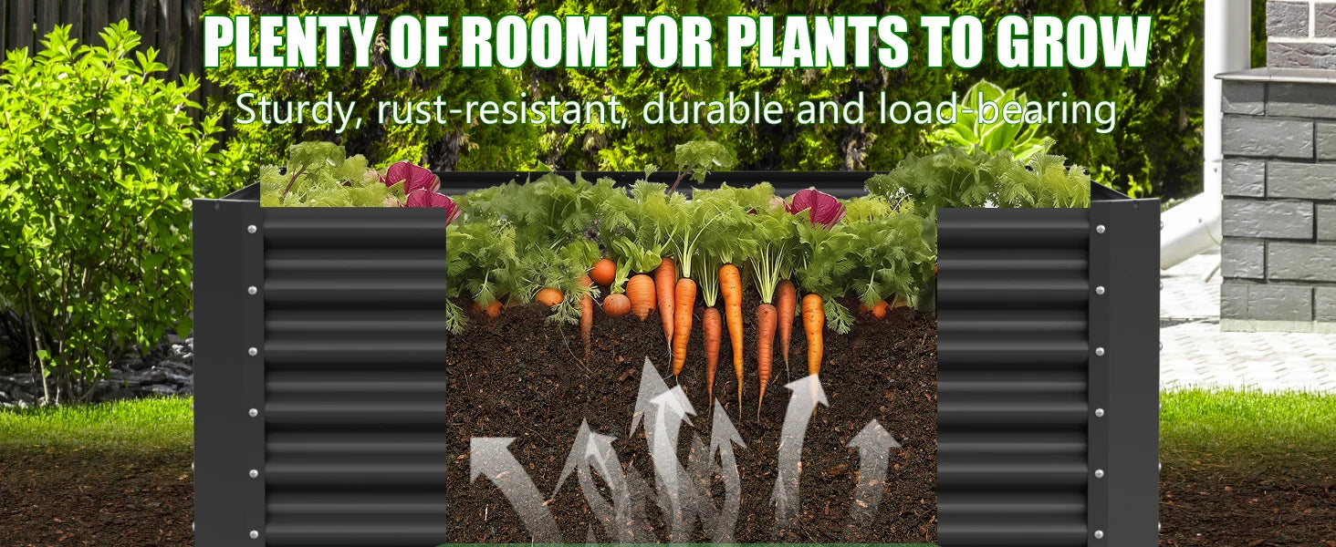 Galvanized metal raised vegetable tray, 240/gallons, open base, rustproof corrugated steel for vegetables, herbs and flowers, quick assembly in 10 minutes for outdoor gardening, patio and yard.