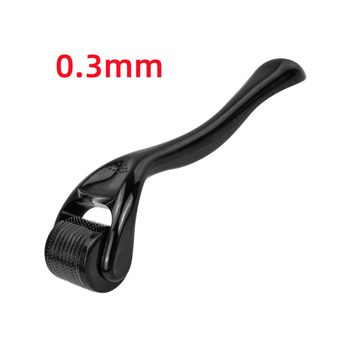 A black 0.3mm derma roller with a curved handle and a rotating drum featuring hundreds of small stainless steel needles.