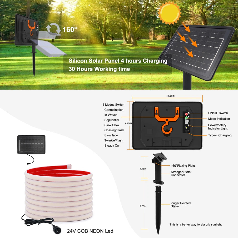Solar Neon Light Strip 24V COB Waterproof IP68 Red Green Blue Warm Natural White 320LEDs/m Flexible High Density Linear Lighting