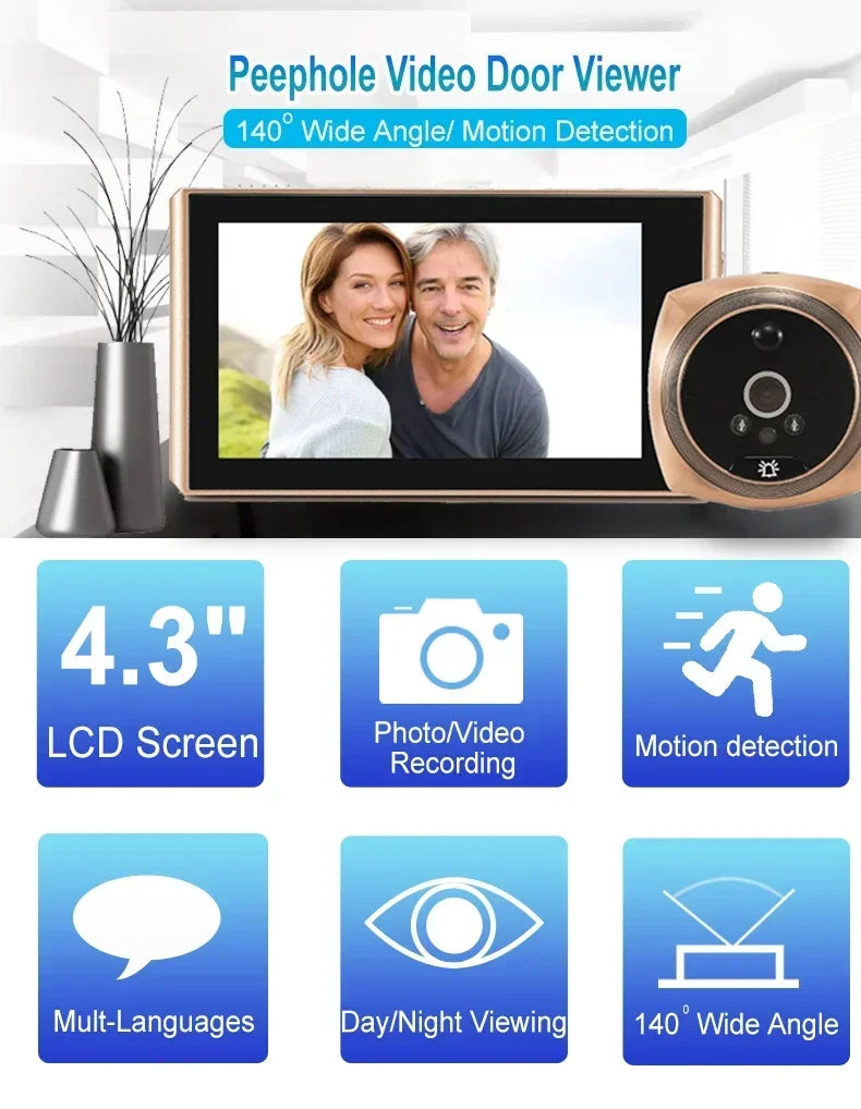4.5 Inch Motion Detection Monitor Cat Eye Doorbell Digital Video Peephole Camera 145 Degree Ultra Wide Angle Super Night Vision