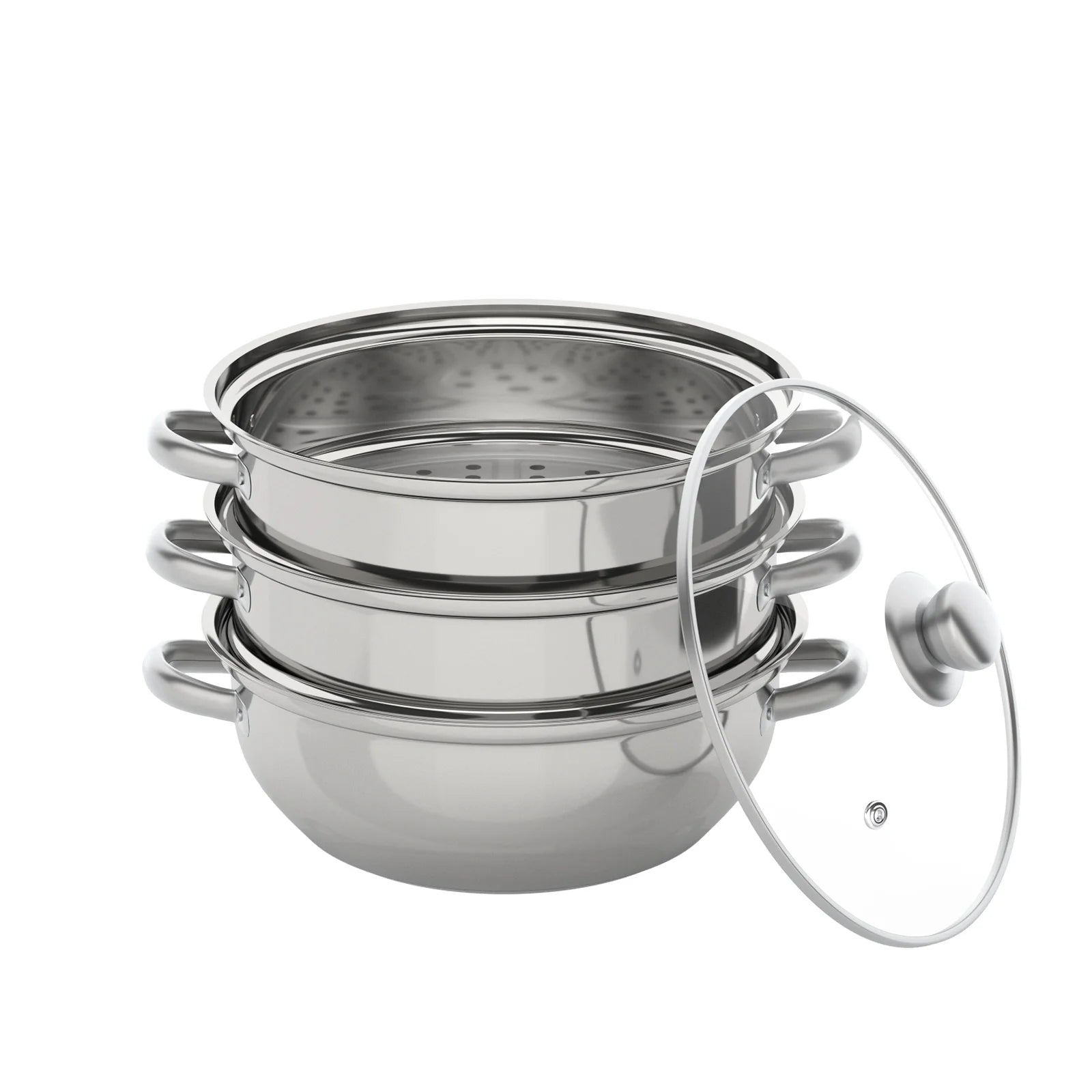 Stainless steel steam cooker with domed lid, side handles, and attached steam hose valve