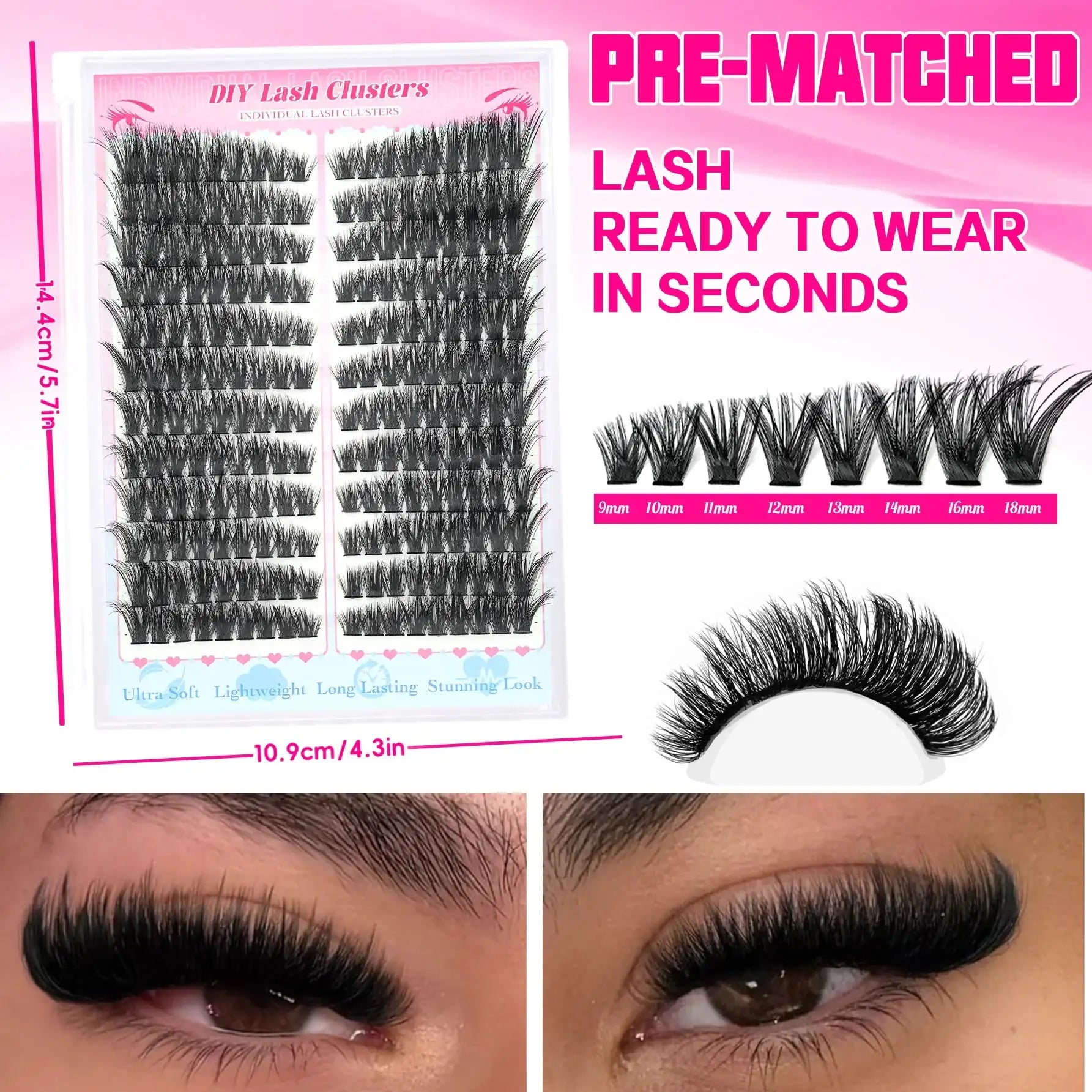 Tray of black DIY lash clusters in various lengths from 9mm to 18mm, shown on packaging and applied to eyes.