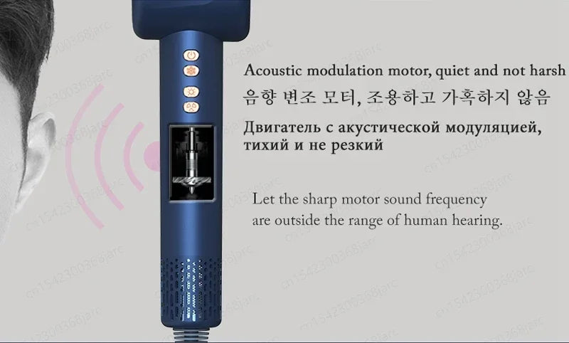 Blue 1600W leafless negative ion hair dryer with quiet acoustic motor technology and ergonomic control buttons.