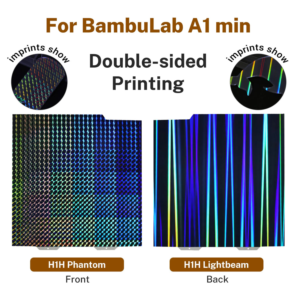 Double-sided 184x184mm H1H steel build plate for Bambu Lab A1 Mini, creating textured holographic 3D printing patterns.