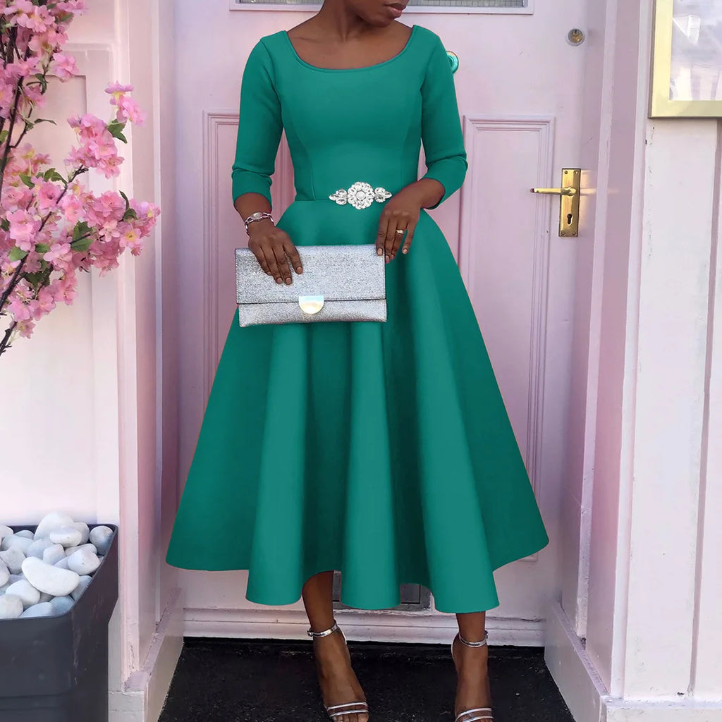 Elegant Pure Color Maxi Dress Evening Gown A- Line Skirt Polyester Fabric round Neck Short Sleeve High Waist Midi Dress