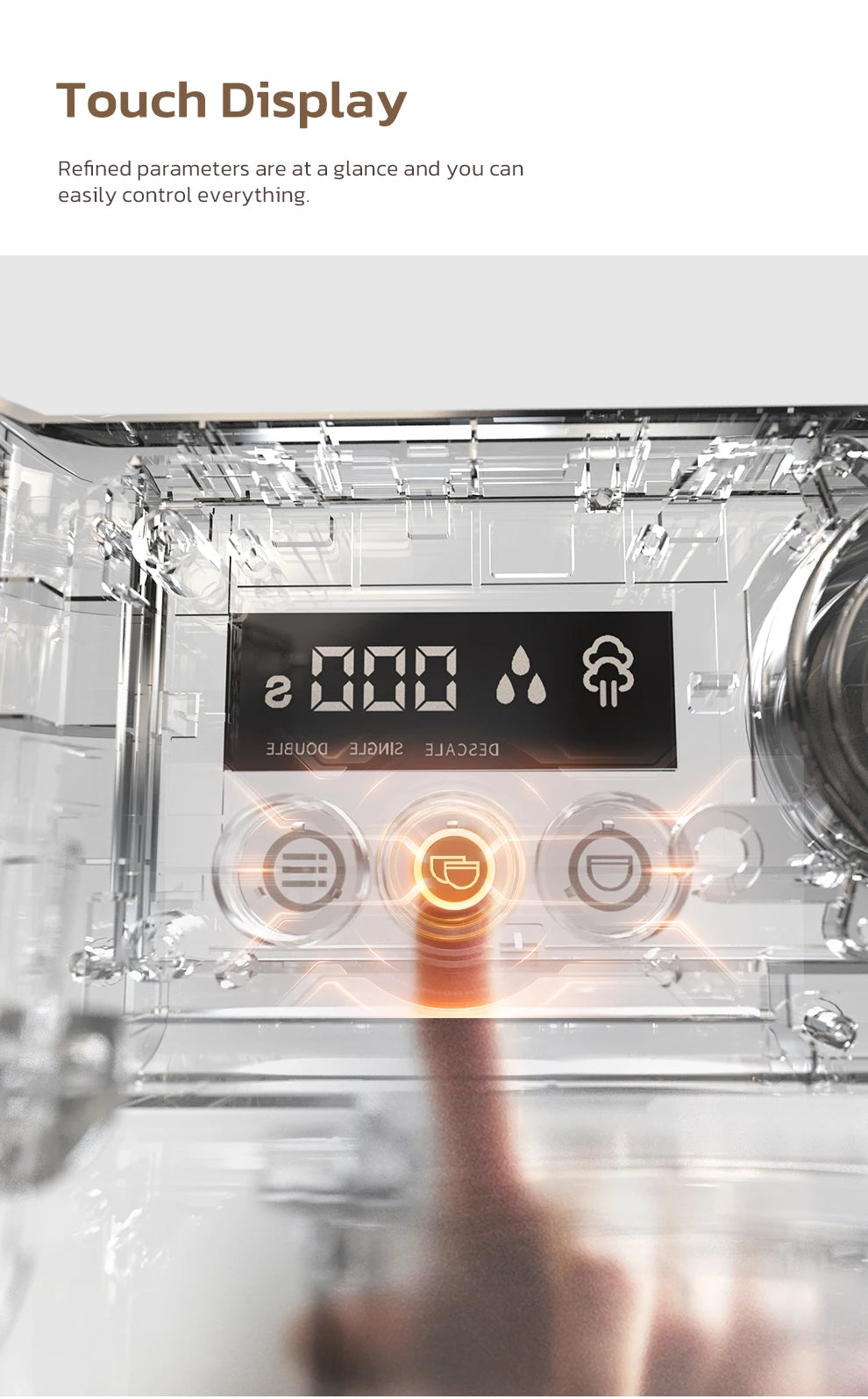 Finger pressing a digital touch display on a modern coffee machine with sleek transparent housing and icons.