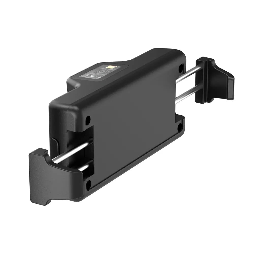 Black clip-on 2D barcode scanner cradle with adjustable phone holder bracket
