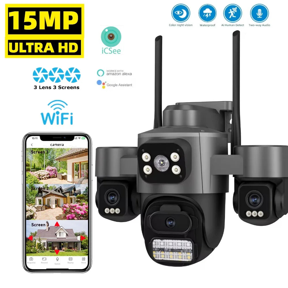 15MP ICSEE Protocol Security Camera 3-HD Screens Auto Tracking Color Night Vision 2-Way Audio Outdoor WiFi CCTV Cam
