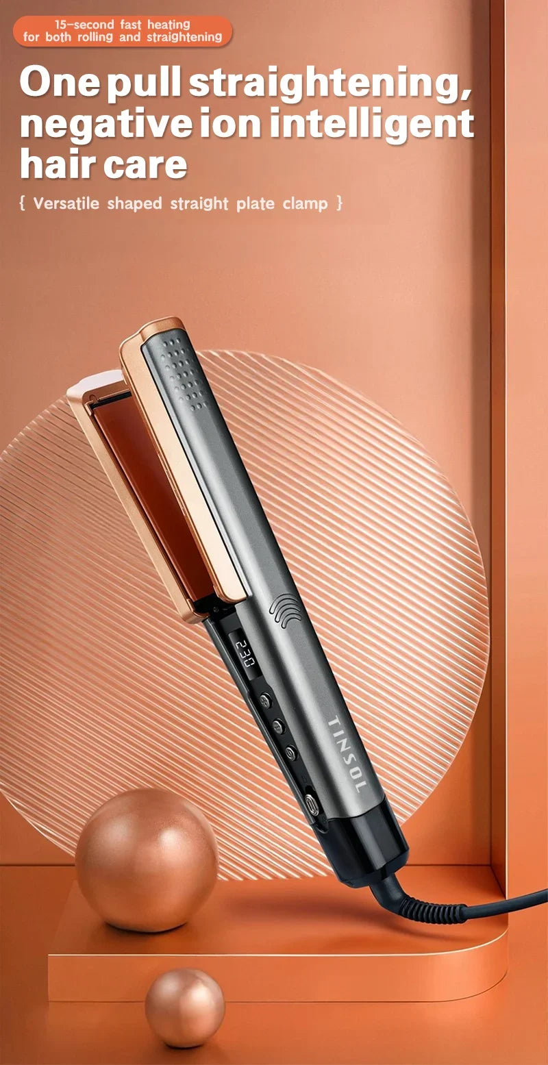 TINSOL 2-in-1 gray and rose gold professional hair straightener and curling iron with LCD screen and wide plates.