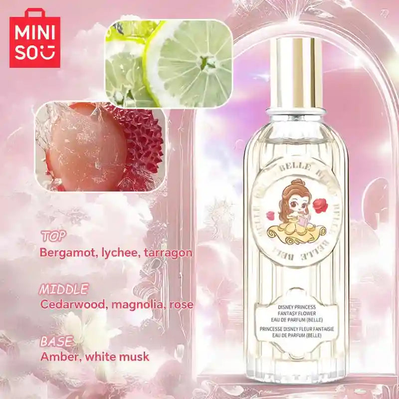 MINISO Disney Belle EDP: 60ml floral perfume for women in a sleek glass bottle with bergamot, rose, and amber notes.