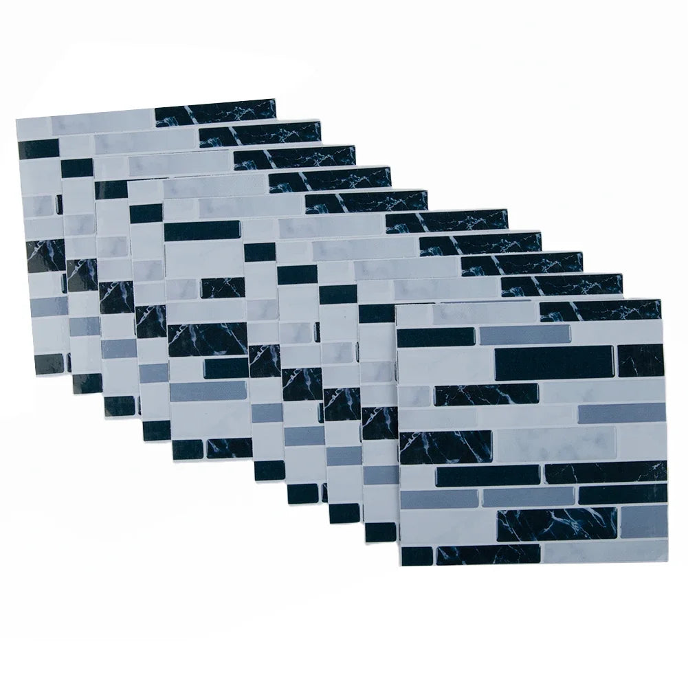 3D mosaic tile wall sticker sheet, white and dark marble brick strips
