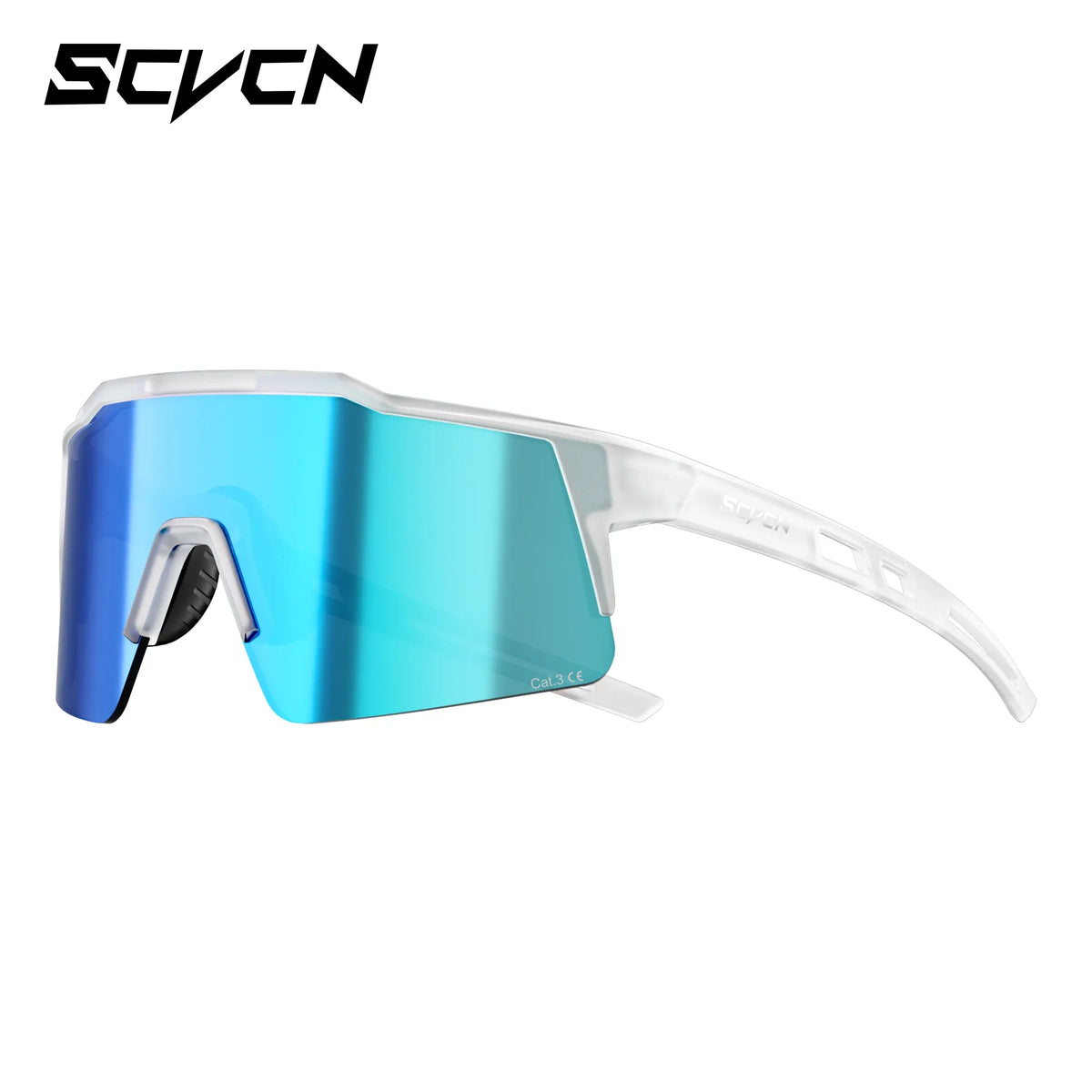 SCVCN photochromic cycling sunglasses, clear frame, blue mirrored lenses