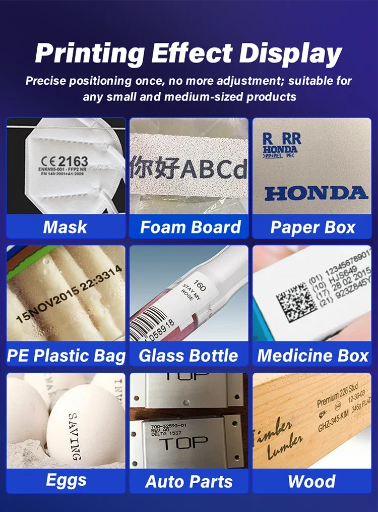 Inkjet printer printing effect samples on mask, foam board, paper box, bottle, and more