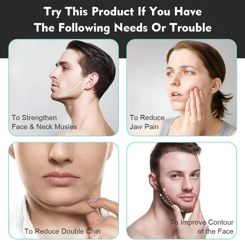 Four panels showing people with jaw, neck, and facial concerns to demonstrate benefits of a jaw exerciser tool.
