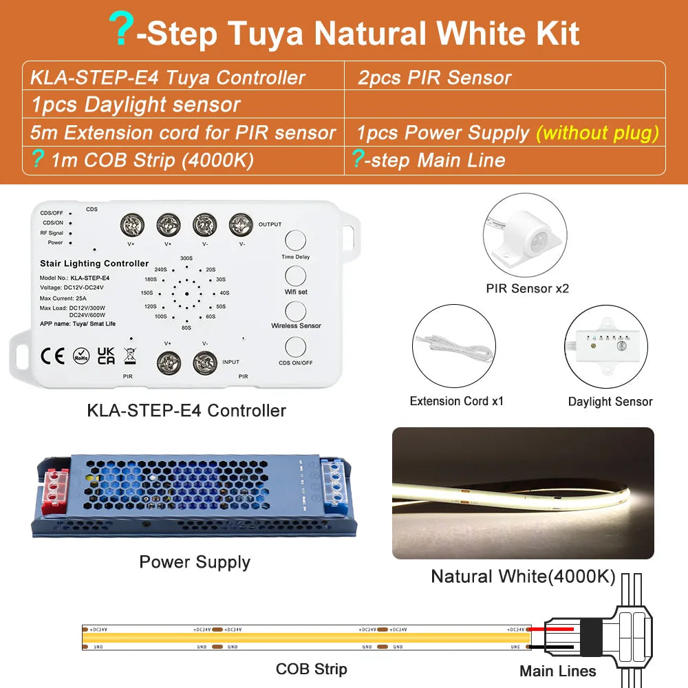 Natural white Tuya staircase light kit contents: controller, PIR sensors, remote, power