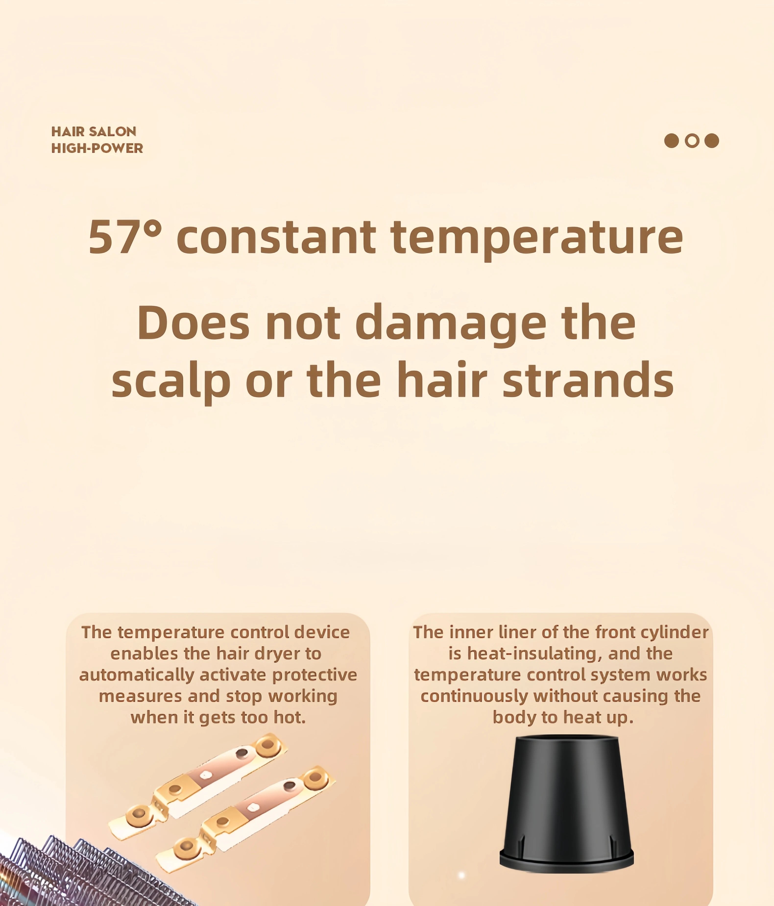 1800W wall-mounted hair dryer with 57°C constant temp, heat-insulating nozzle, and overheat protection for safe drying.