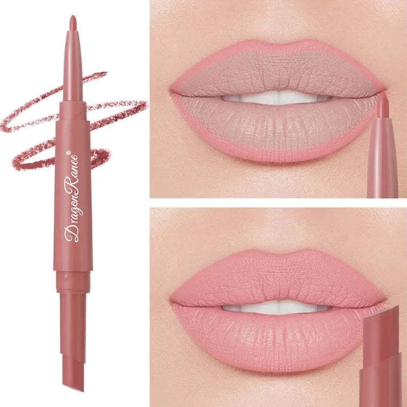 Dual-ended waterproof matte lip liner and lipstick pencil in rose nude for long-lasting, smooth matte lip makeup.