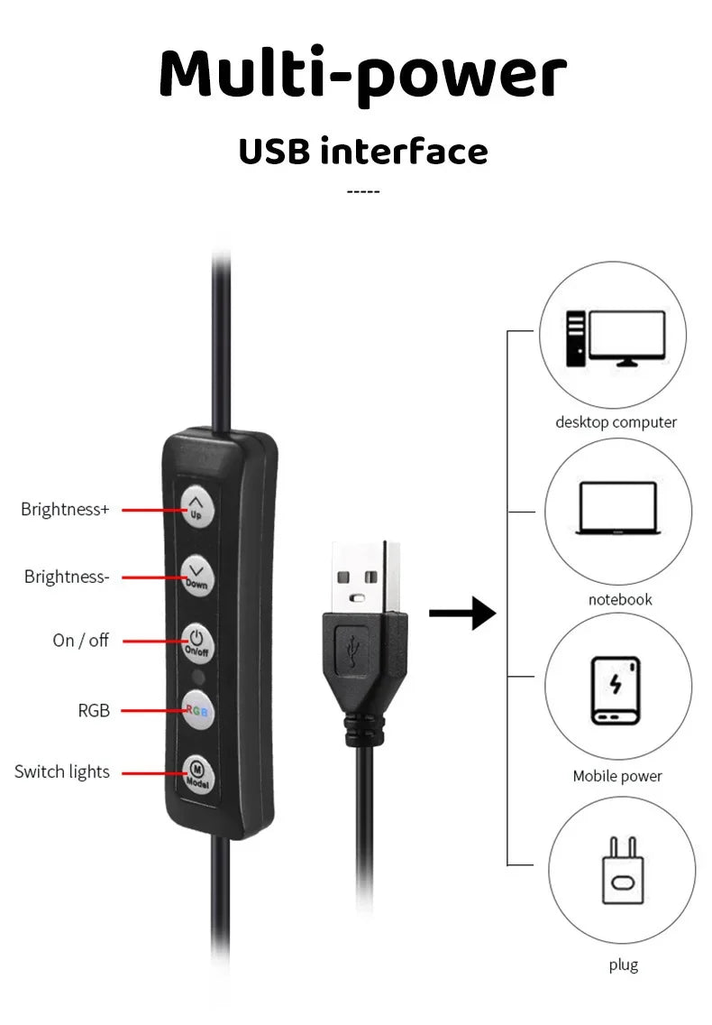 Black USB lighting controller with five buttons and a USB plug, compatible with computers, laptops, and power banks.