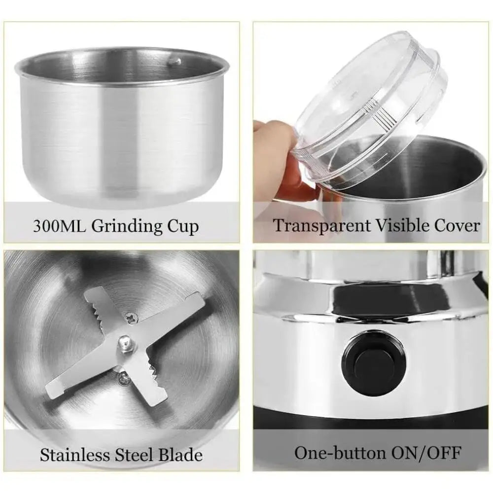 300ml stainless steel electric coffee bean grinder with clear lid, sharp metal blades, and one-button control.