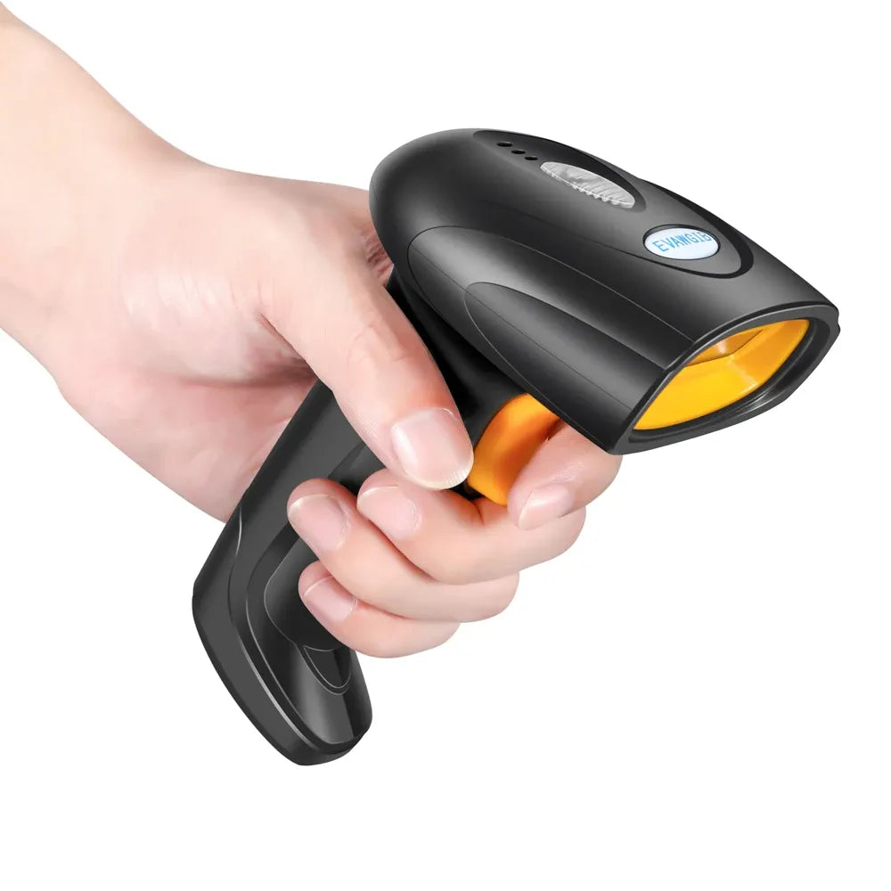Handheld wired barcode scanner with yellow scan window and top indicator, held