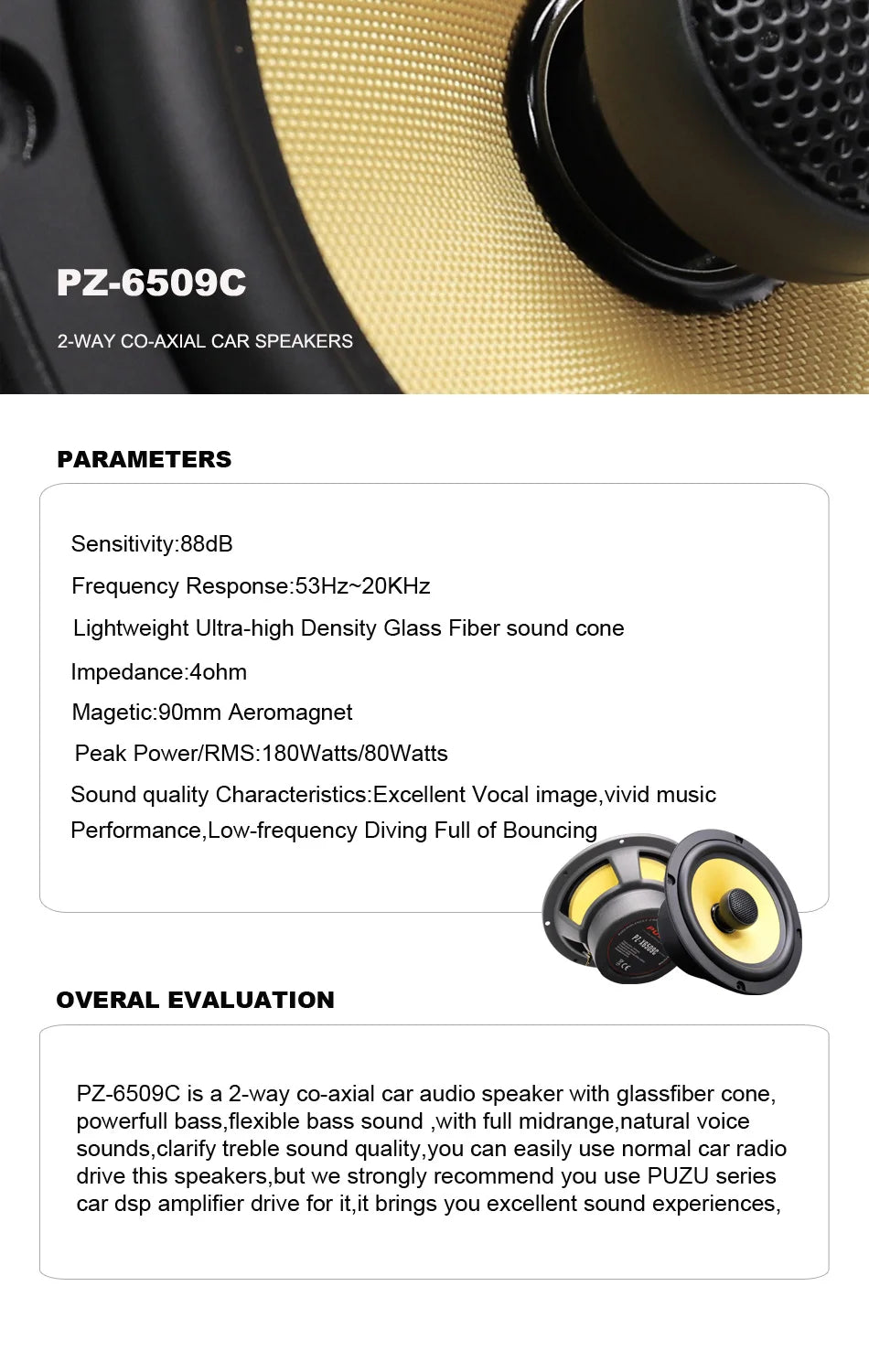 PUZU PZ-6509C Co-axial Car Audio Speakers with 180W Output Power Glassfiber Cone Deep Bass Sound Quality