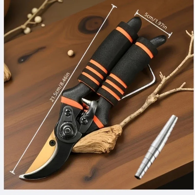 Pruning shears with yellow blade, black foam handles with orange wrap grips