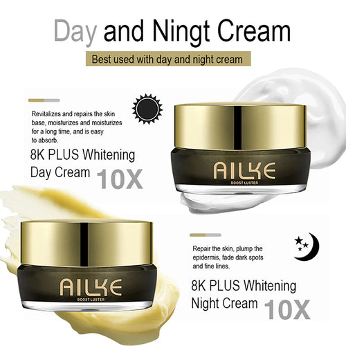 AILKE day and night whitening cream set, two gold-lidded jars with labels