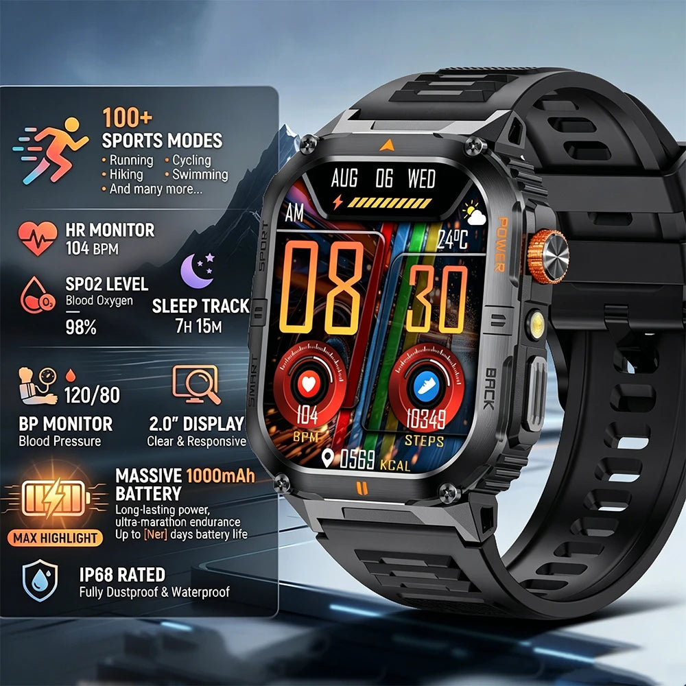 Hot Sell Gifts 2026 New Military SmartWatch Men Outdoor Sports IP68 Waterproof  LED Bluetooth Call Health Monitoring Men Women
