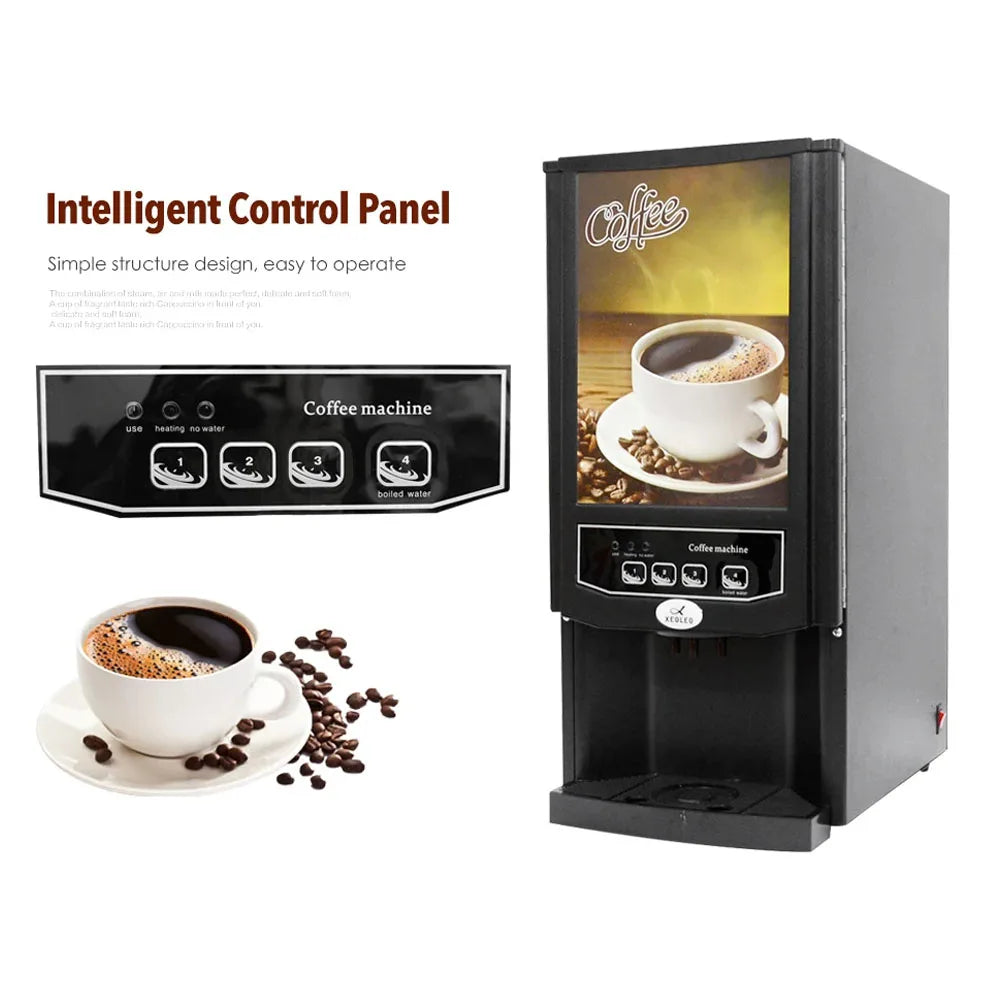 Xeoleo commercial black coffee machine with intelligent control panel and four drink selection buttons.