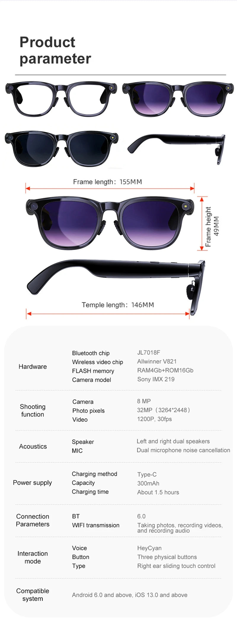 Smart Glasses with 8K Camera, Bluetooth Audio & 3-Lens Set Tidesmit