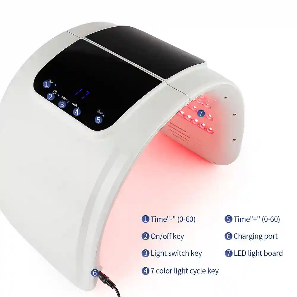 White arched LED facial therapy device with a digital display, labeled control buttons, and red light emitter interior.