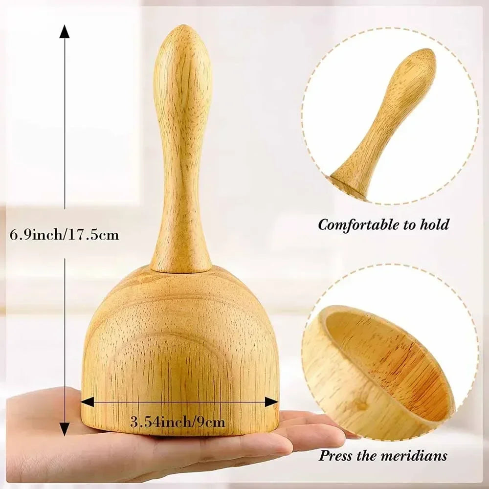 Wooden mushroom-shaped massage tool, 6.9 inches tall, with a 3.5-inch wide rounded base for meridian acupressure.