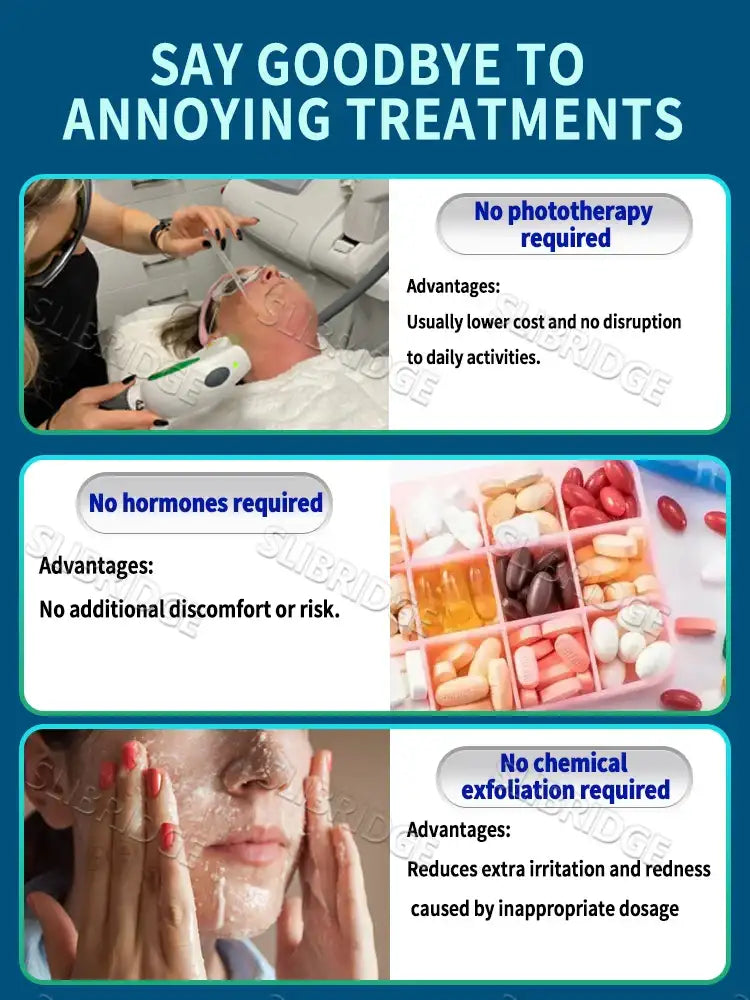 Marketing infographic showing a laser skin tool, a pill organizer, and a woman applying cream to her face.