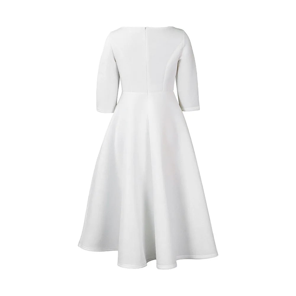 Elegant Pure Color Maxi Dress Evening Gown A- Line Skirt Polyester Fabric round Neck Short Sleeve High Waist Midi Dress