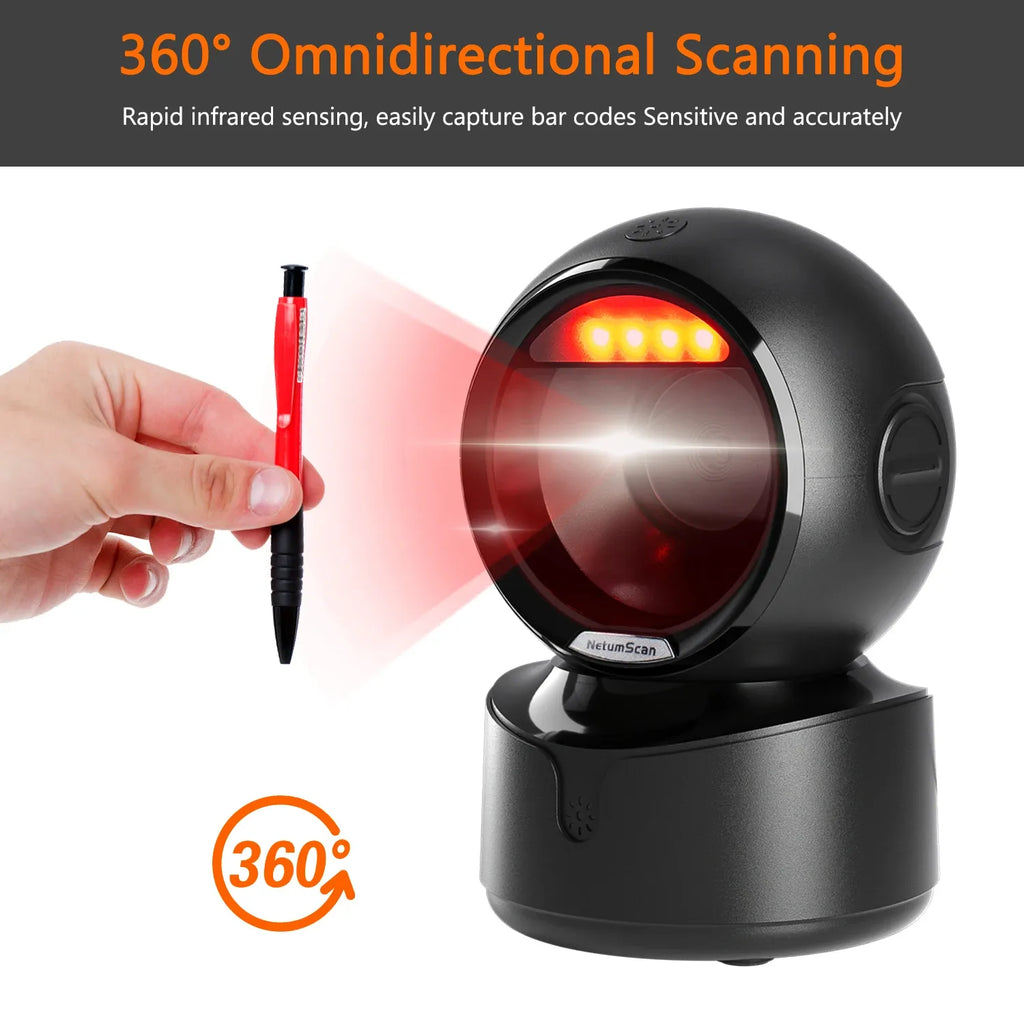 Black 360-degree omnidirectional desktop barcode scanner with red scan beam glow