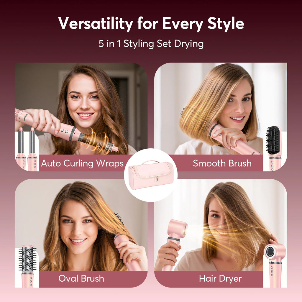 Pink 5-in-1 air wrap hair styler set with auto curler, dryer, and brushes for professional frizz-free hair styling.