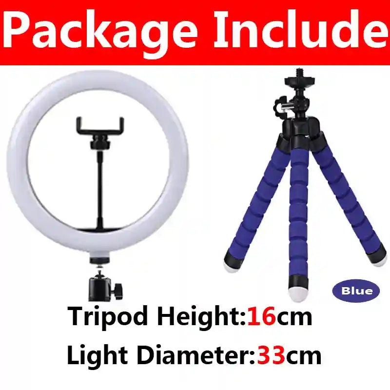 33cm circular LED ring light and 16cm flexible blue foam tripod for phone photography and video recording.