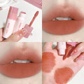 JUJU DREAM matte lip glaze with velvet, long-lasting non-stick texture in a warm peach shade on lips and skin swatch.