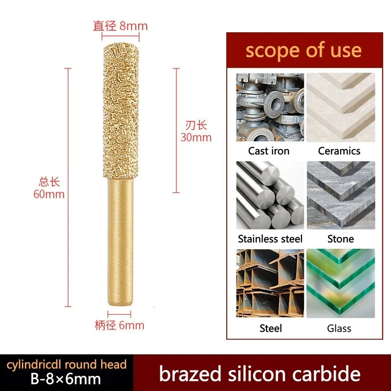 Brazed silicon carbide grinding head, cylindrical round top on 6 mm shank; gold; 8 mm.
