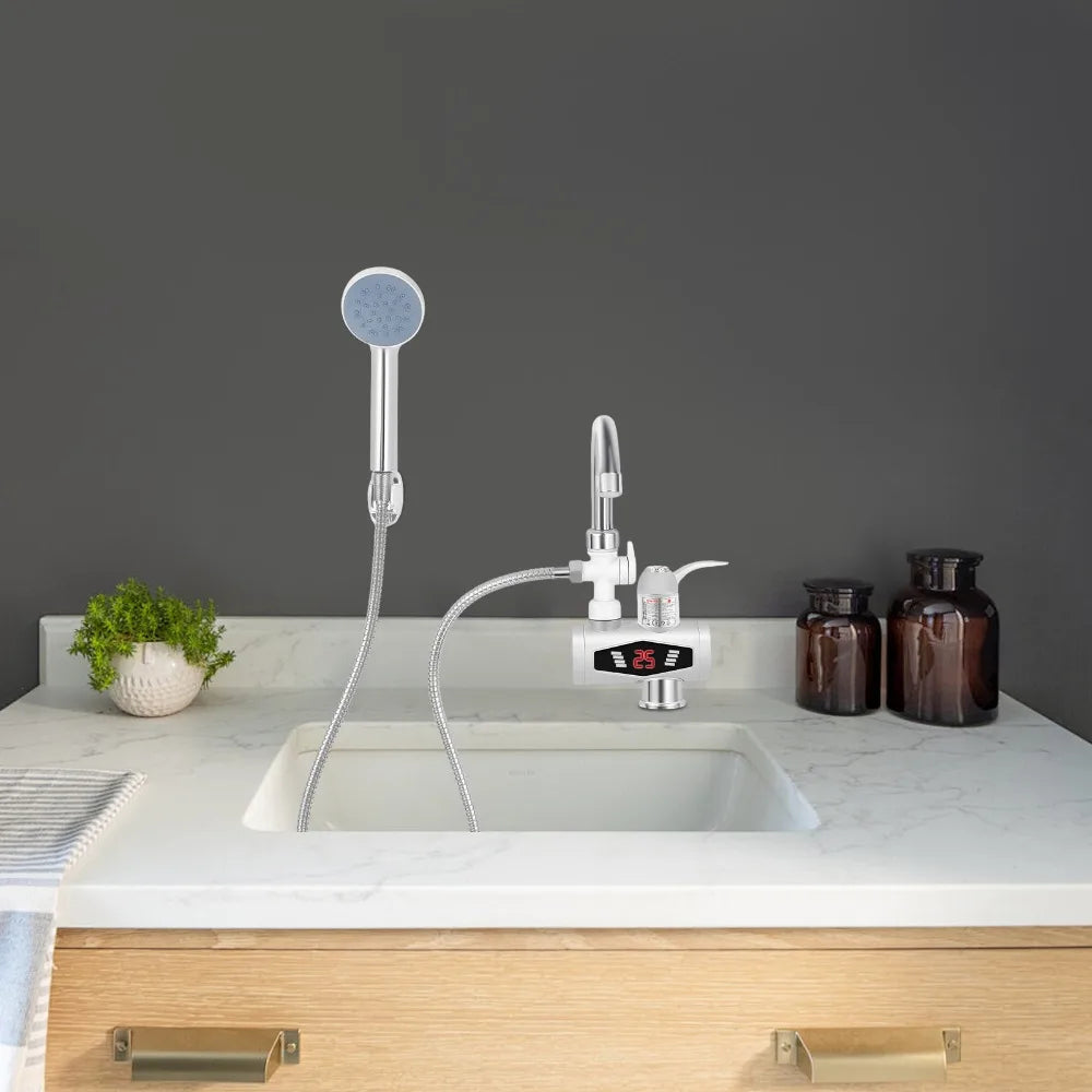Electric Faucet, Stainless Steel Quick Heating 3000W, Kitchen Faucets with LCD Temperature Display, IPX4 Waterproof, Water Flow Control, EU Standard