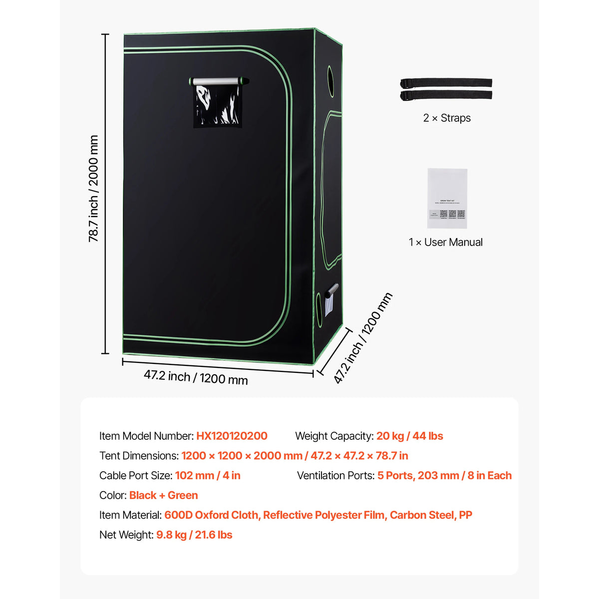 Indoor grow tent, black with green trim, ventilation ports, 1200x1200x2000mm
