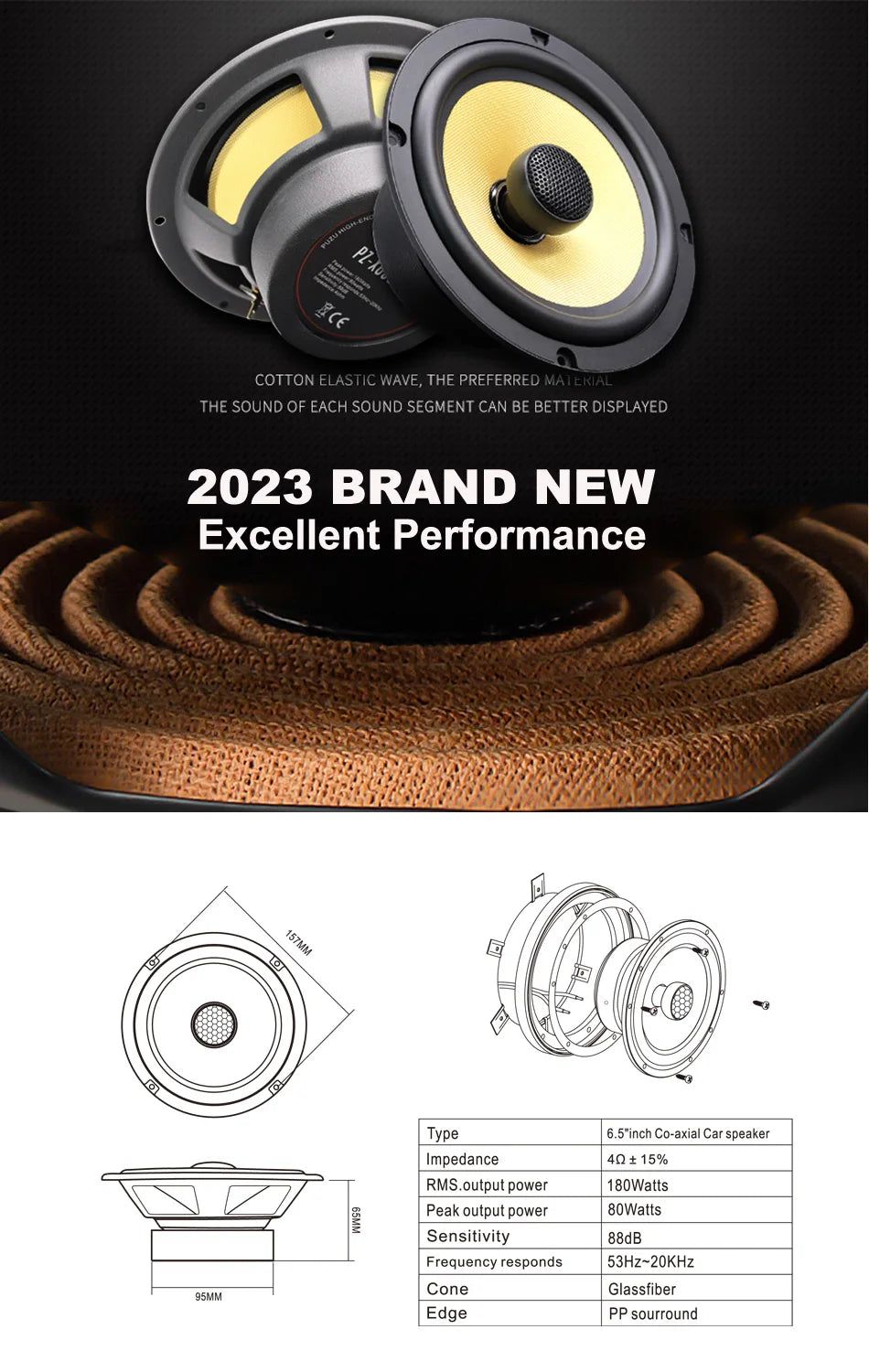 PUZU PZ-6509C Co-axial Car Audio Speakers with 180W Output Power Glassfiber Cone Deep Bass Sound Quality
