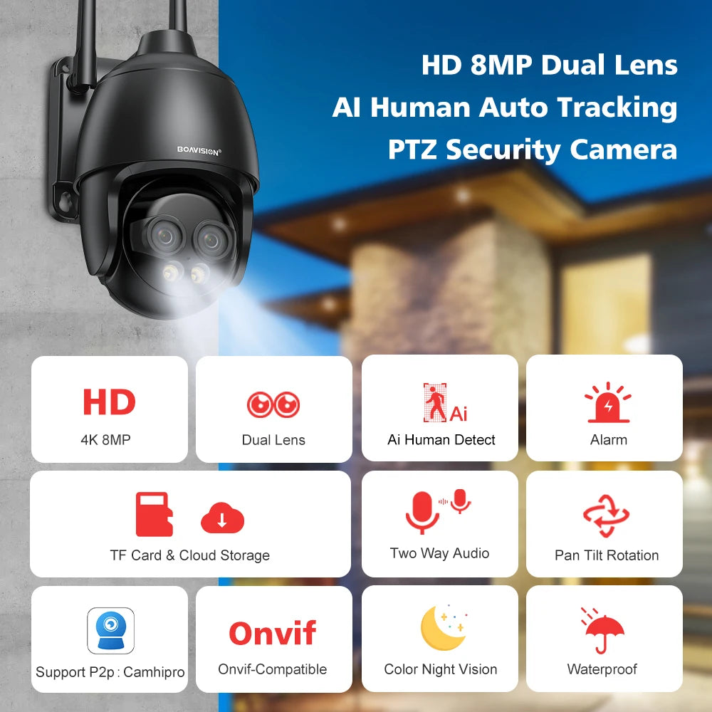 HD 8MP WIFI/4G SIM Card/POE Surveillance Camera 10X Digital Zoom AI Humanoid Detection Auto Tracking 2.8mm 8mm Dual Lens Camera