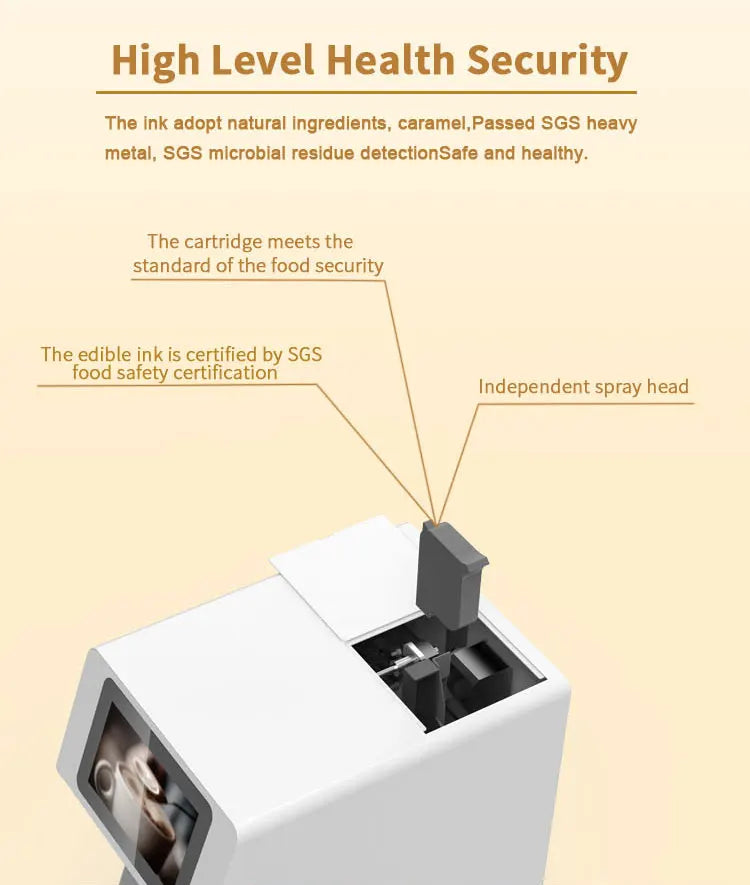 White edible ink coffee printer featuring a safe, removable spray head and certified food-grade ink cartridge.