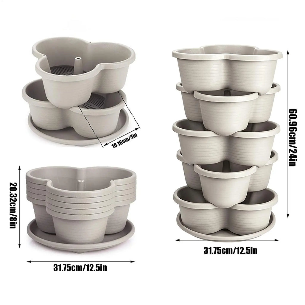 Set of white stackable butterfly planter pots with base and nested tiers, with measurements