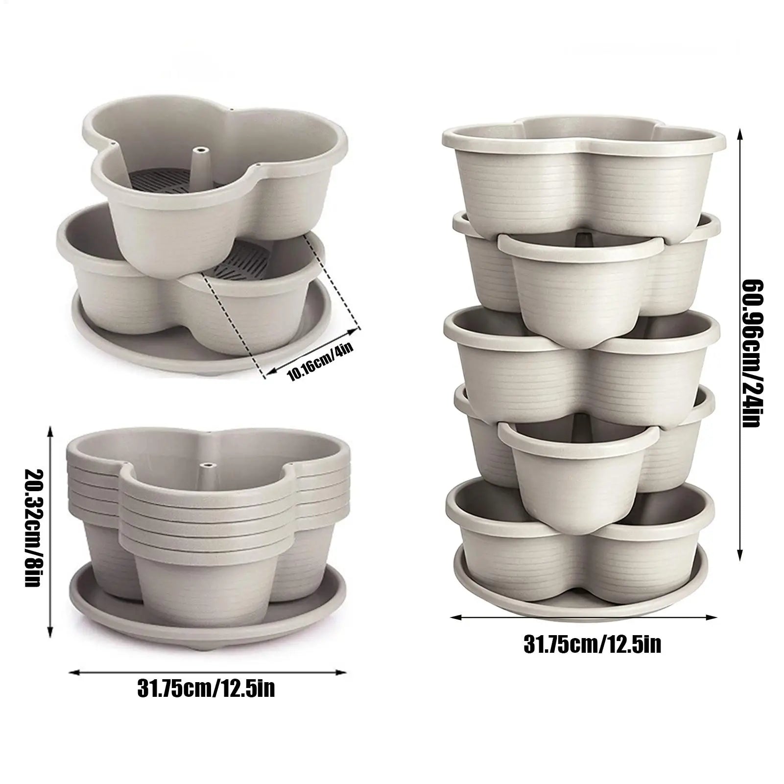 Set of white stackable butterfly planter pots with base and nested tiers, with measurements